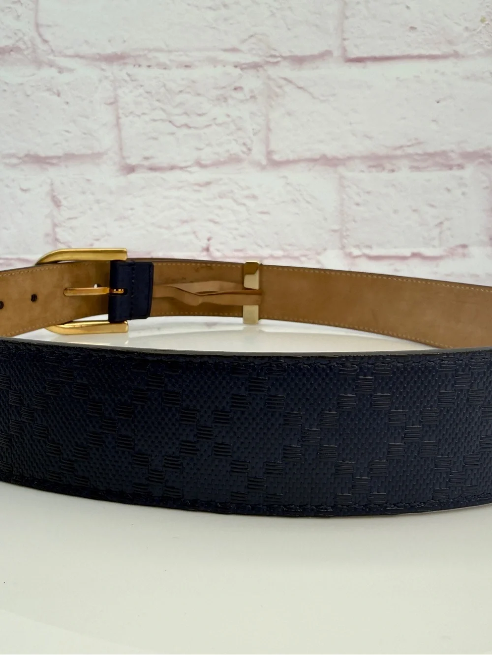 Gucci Navy Diamanté Leather Belt with Gold-Tone Buckle 354382 85/34